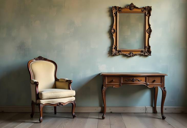 Antique Chair, Mirror, and Table Set Against a Vintage Wall